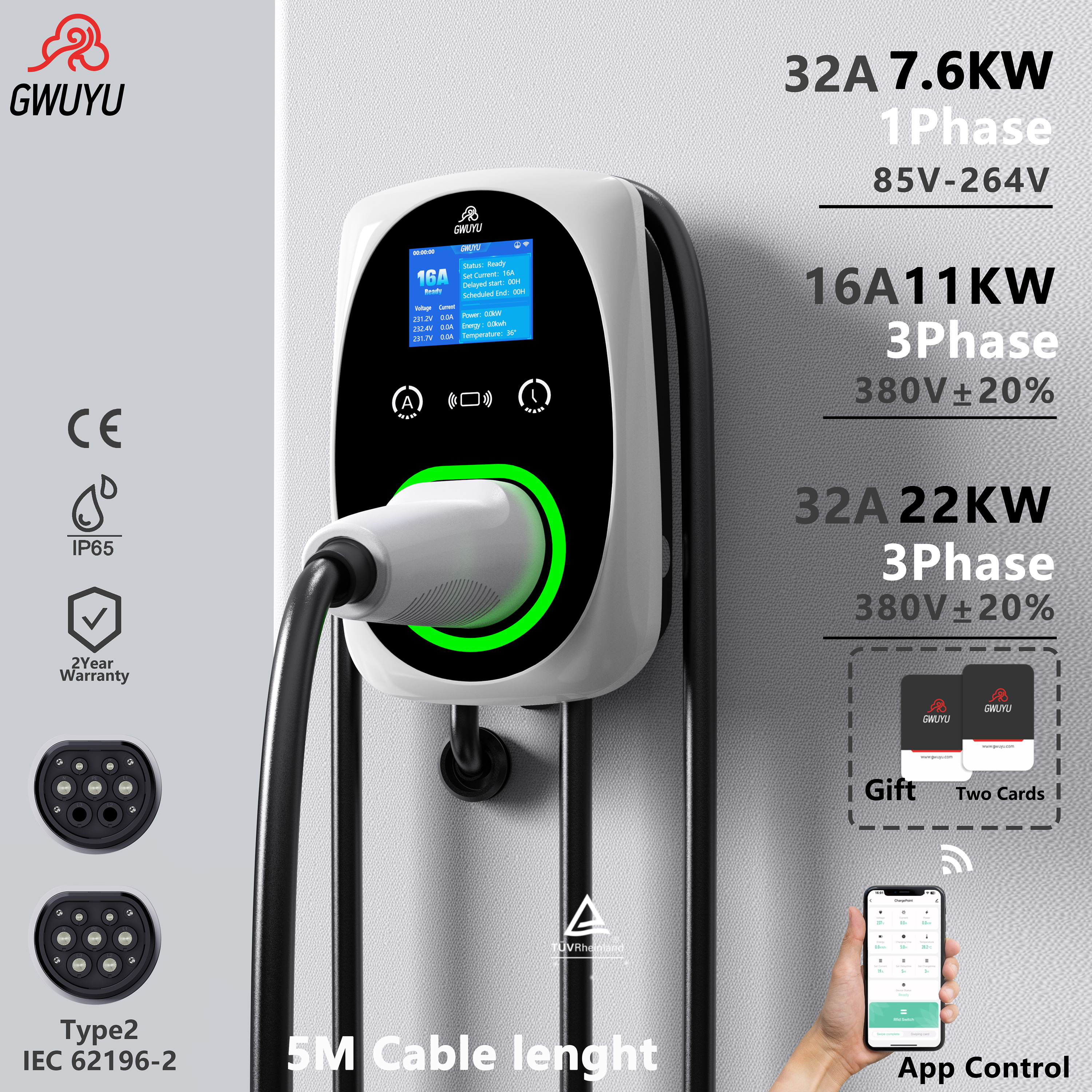 Ev Charger Wallbox - GWUYU EV Charger 32A 7.6KW Electric